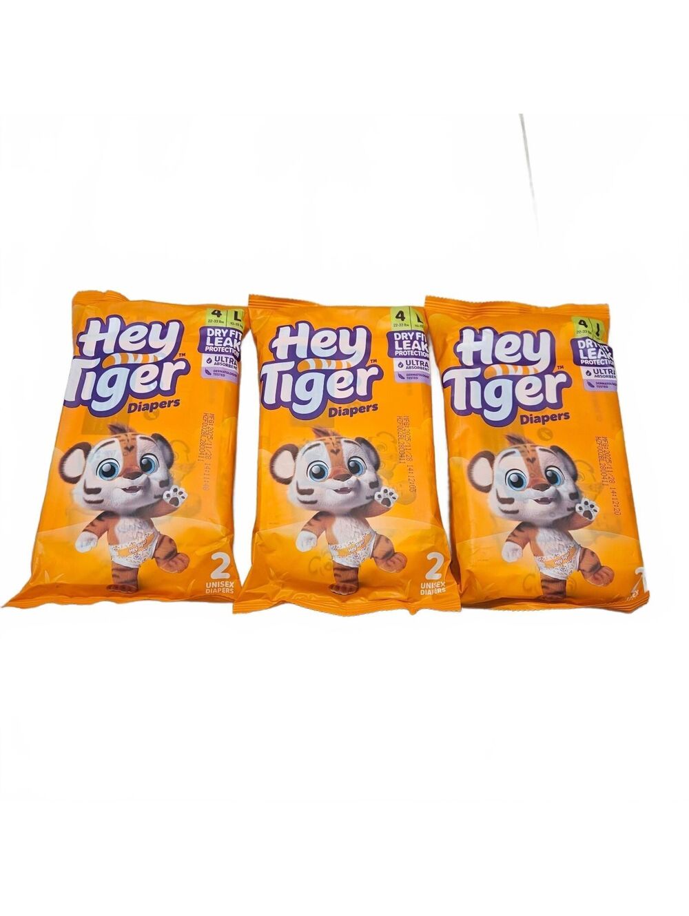 New Lot Of 6 Hey Tiger Diapers Size 4 Unisex 2 Per Pack Dry Fit Leak Protection